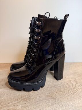 WETKISS Patent Lace-Up Platform Ankle Boots in Black